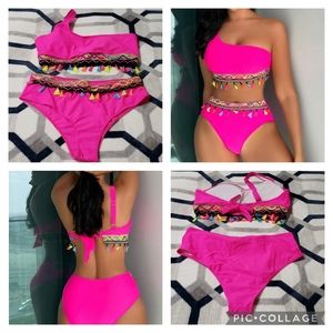 🎀SHEIN Swim BohoFeel Fringe One Shoulder Bikini Swimsuit Pink Extra Large XL